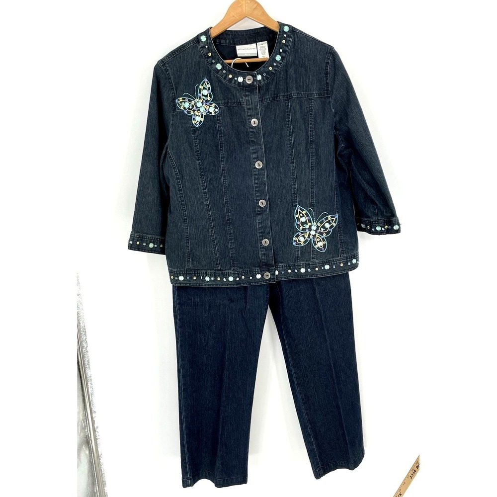 Alfred Dunner 2 PC Jean Jacket & Pants Sz 12 Butterfly Embroidered Beaded